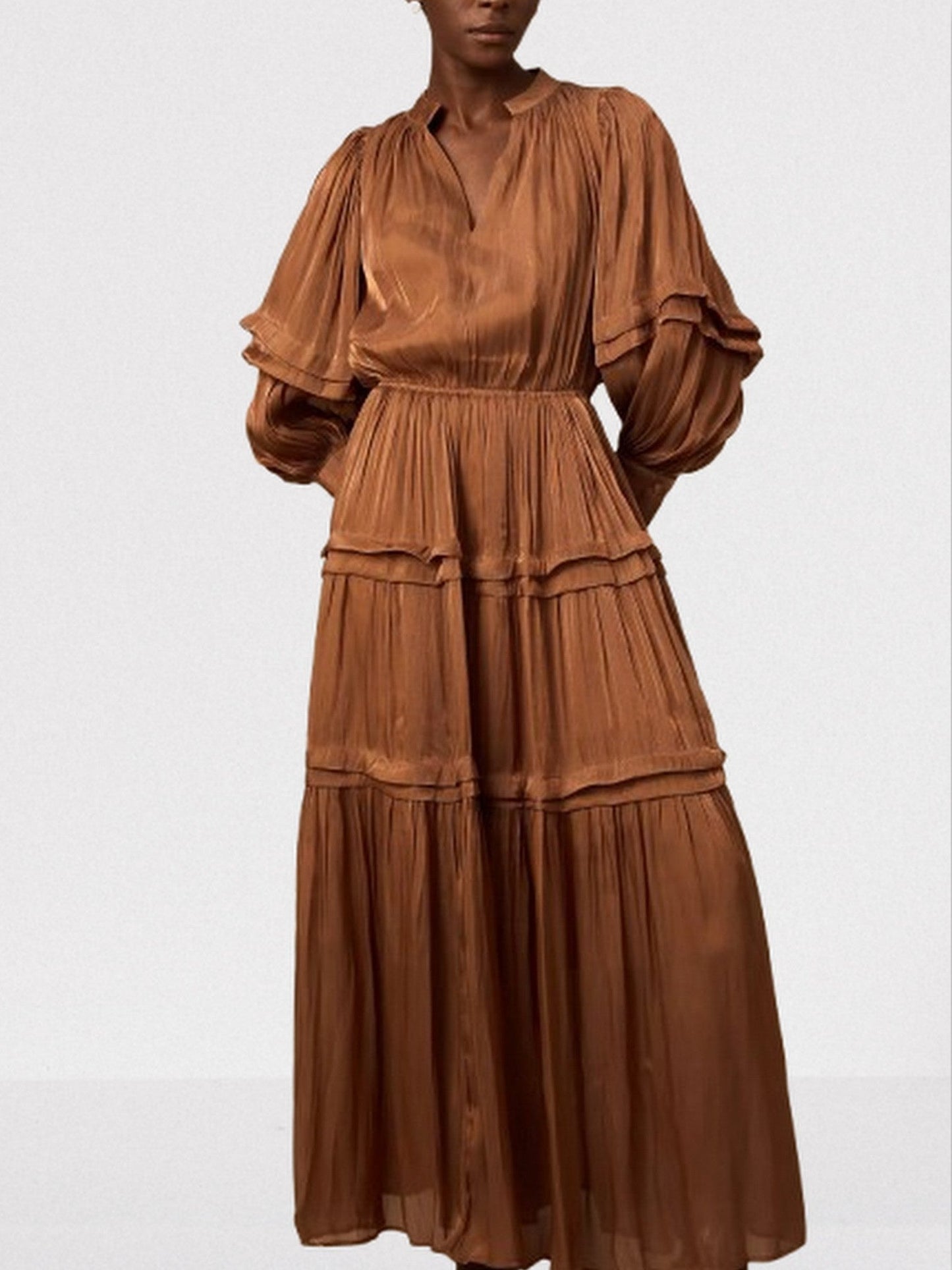 Puff-Sleeve Tiered Maxi Dress in Brown - Dresses