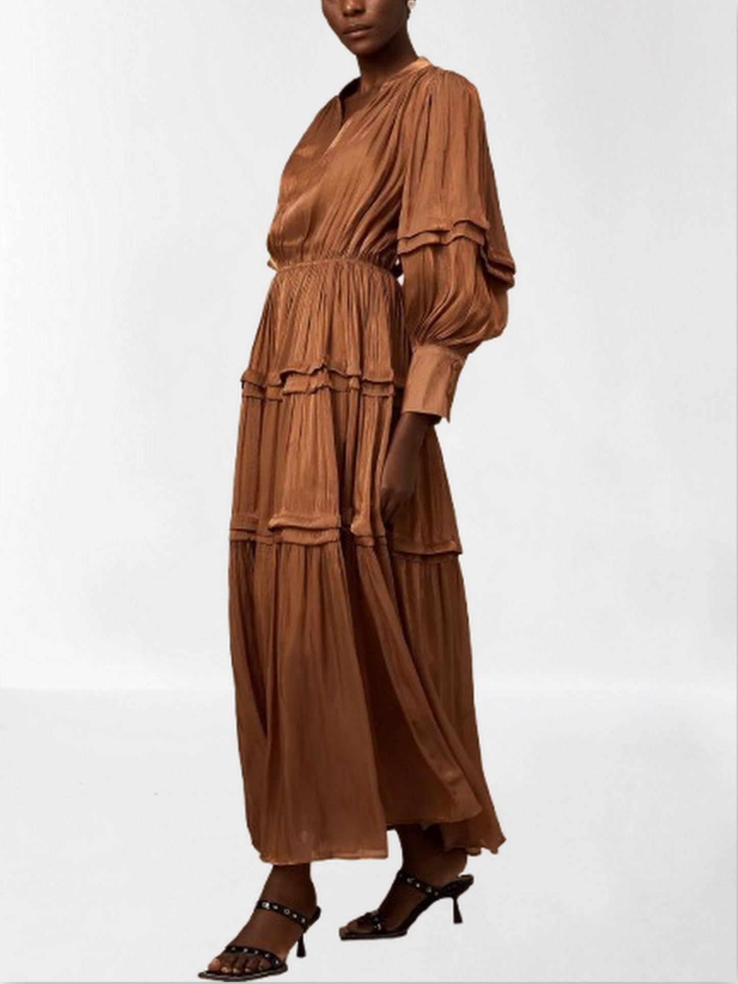 Puff-Sleeve Tiered Maxi Dress in Brown - Dresses