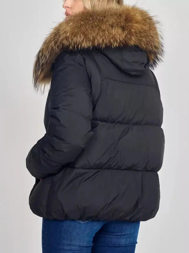 Puffer Down Jacket with Removable Fur in Black - Jackets