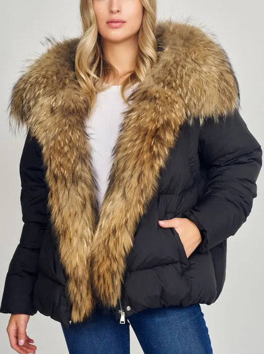 Puffer Down Jacket with Removable Fur in Black - Jackets