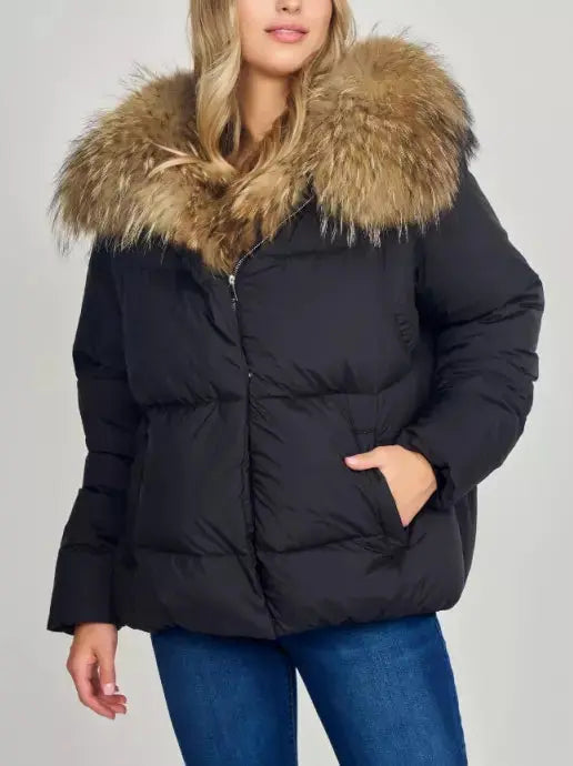 Puffer Down Jacket with Removable Fur in Black - Jackets