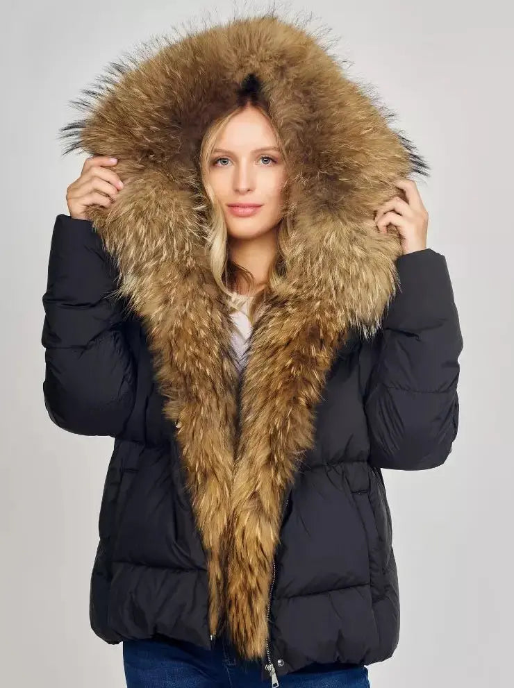 Puffer Down Jacket with Removable Fur in Black - Jackets