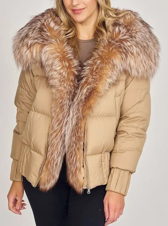 Puffer Down Jacket with Removable Fur in Khaki - Jackets