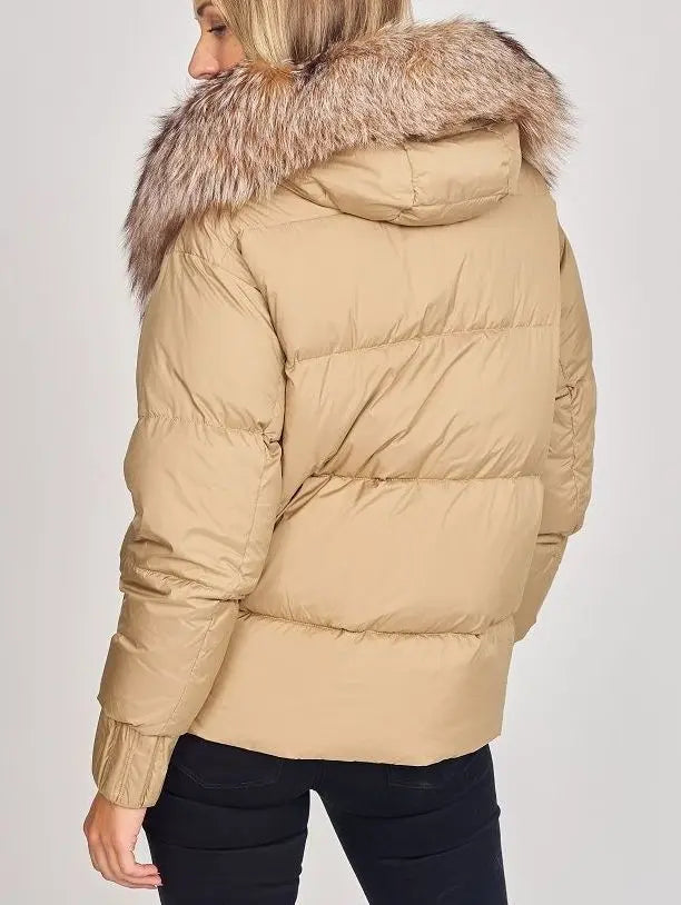 Puffer Down Jacket with Removable Fur in Khaki - Jackets