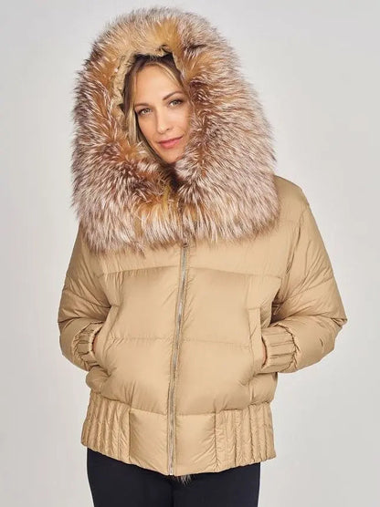 Puffer Down Jacket with Removable Fur in Khaki - Jackets