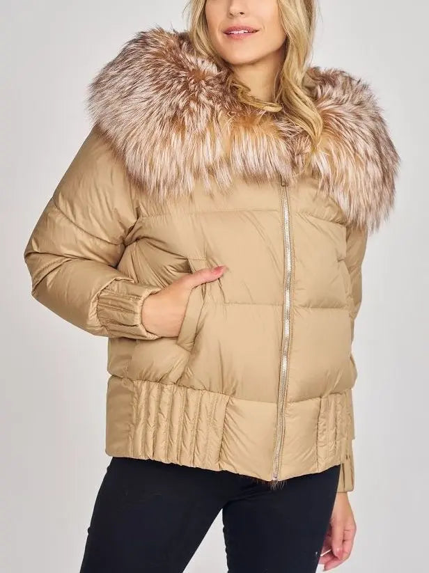 Puffer Down Jacket with Removable Fur in Khaki - Jackets