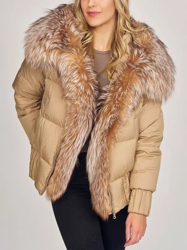 Puffer Down Jacket with Removable Fur in Khaki - Jackets