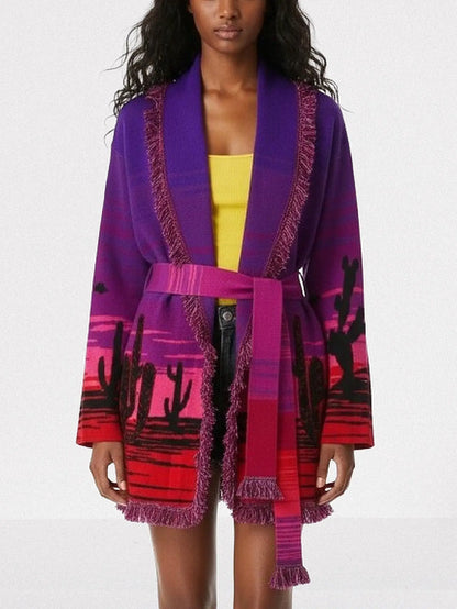 Purple Desert Landscape Belted Knit Cardigan - Sweaters & Knitwear