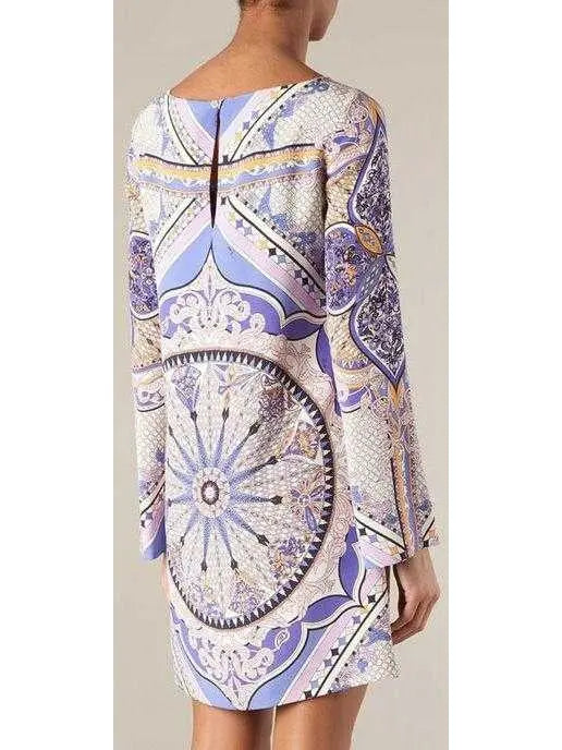 Purple Printed Long-Sleeve Jersey Silk Mini Dress - Dresses