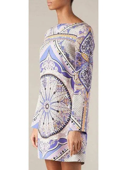 Purple Printed Long-Sleeve Jersey Silk Mini Dress - Dresses