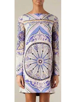 Purple Printed Long-Sleeve Jersey Silk Mini Dress - Dresses