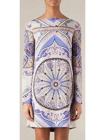 Purple Printed Long-Sleeve Jersey Silk Mini Dress - Dresses