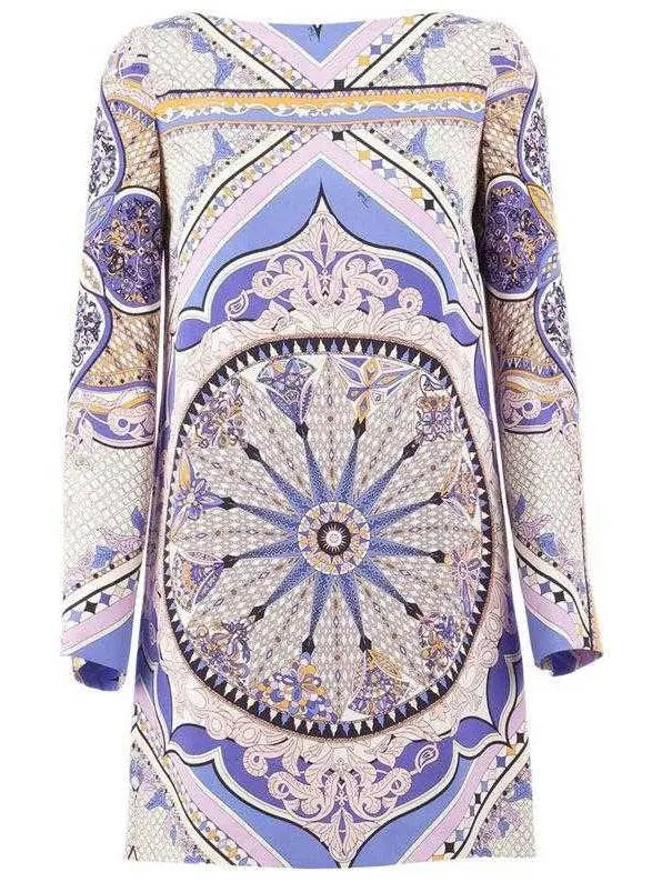 Purple Printed Long-Sleeve Jersey Silk Mini Dress - Dresses