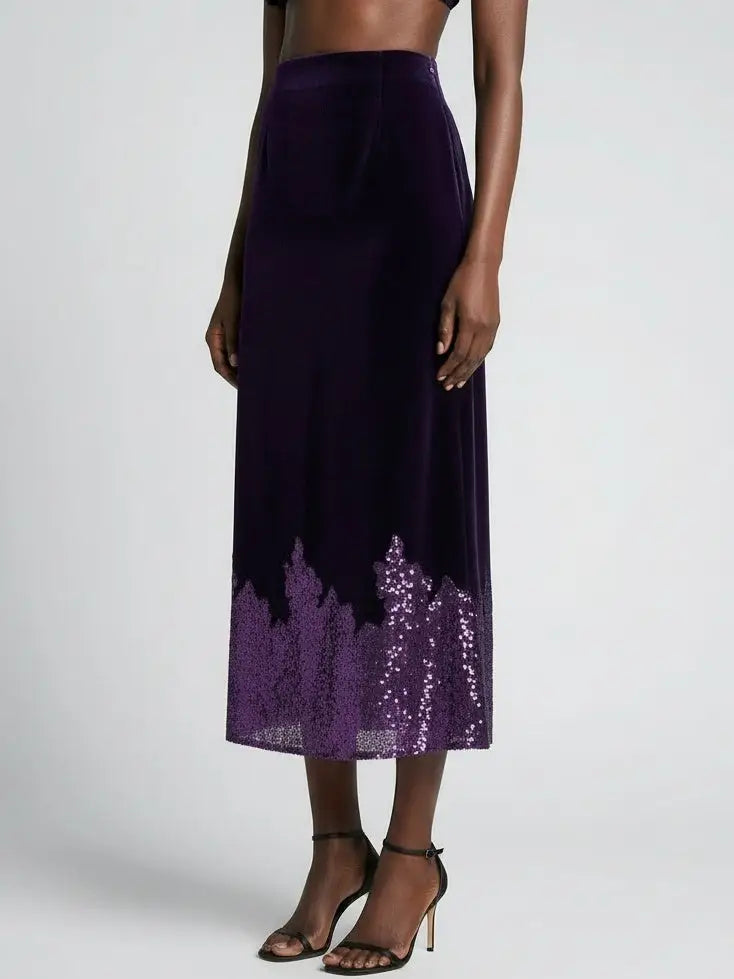 Purple Velvet Midi Skirt with Sequin Hem - Skirts
