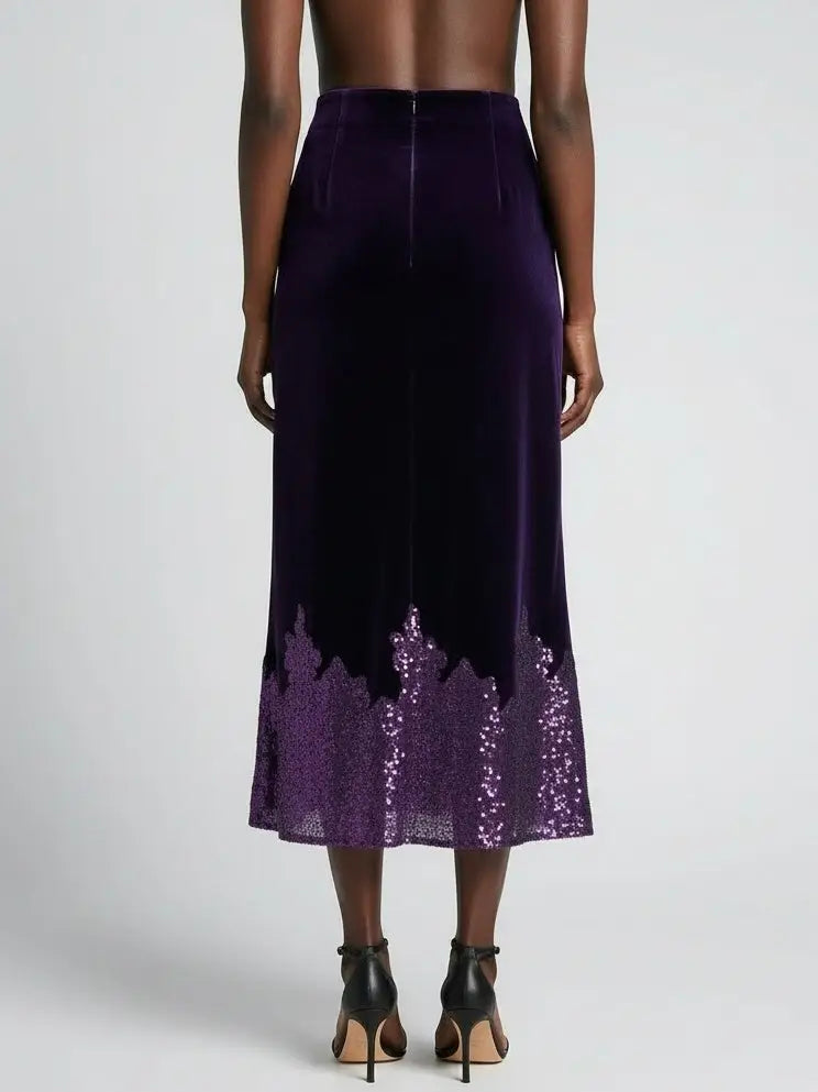 Purple Velvet Midi Skirt with Sequin Hem - Skirts