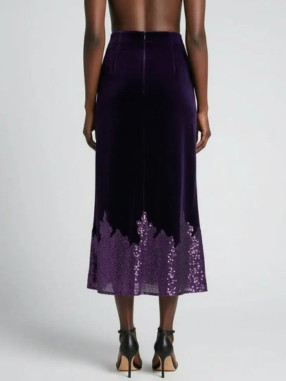 Purple Velvet Midi Skirt with Sequin Hem - Skirts