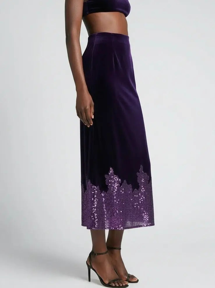 Purple Velvet Midi Skirt with Sequin Hem - Skirts