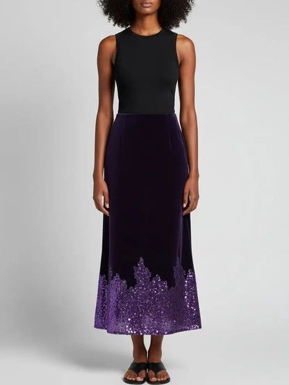 Purple Velvet Midi Skirt with Sequin Hem - Skirts