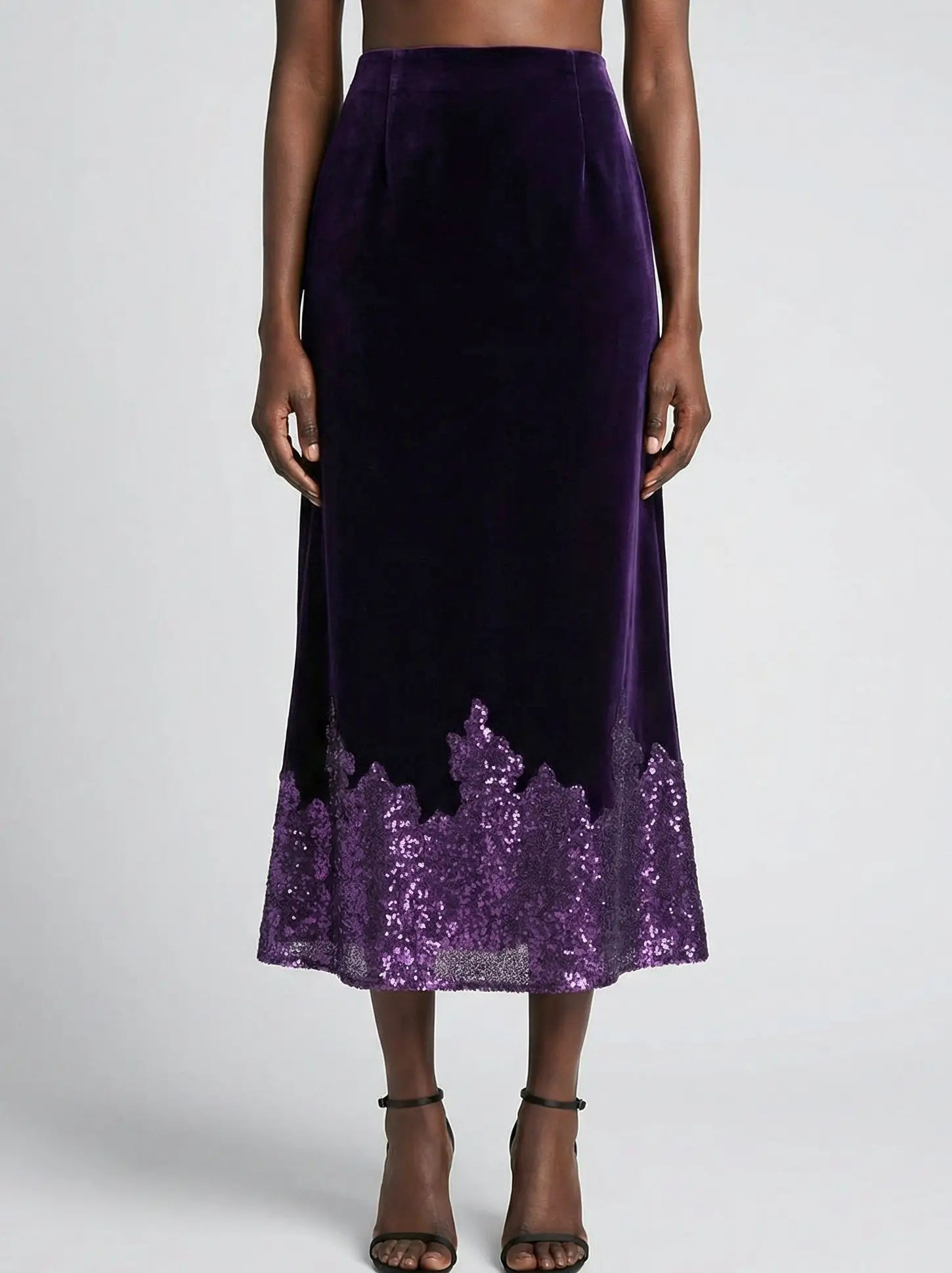 Purple Velvet Midi Skirt with Sequin Hem - S - Skirts