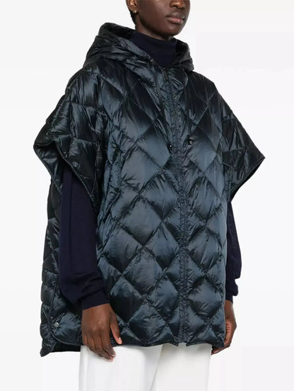 Quilted Down Sleeveless Hooded Jacket in Navy Blue - Jackets