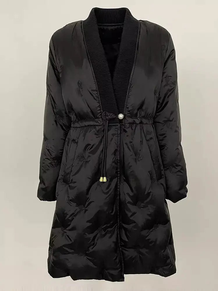 Quilted V-Neck Short Down Coat with Drawstring Waist - Coats