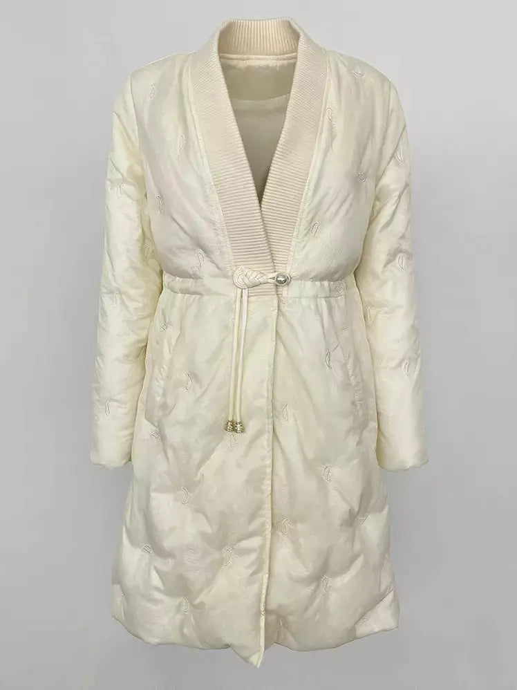 Quilted V-Neck Short Down Coat with Drawstring Waist - Coats