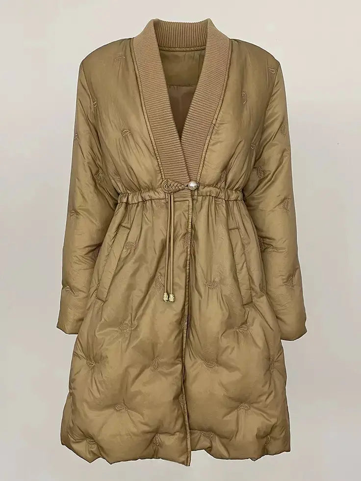 Quilted V-Neck Short Down Coat with Drawstring Waist - Coats