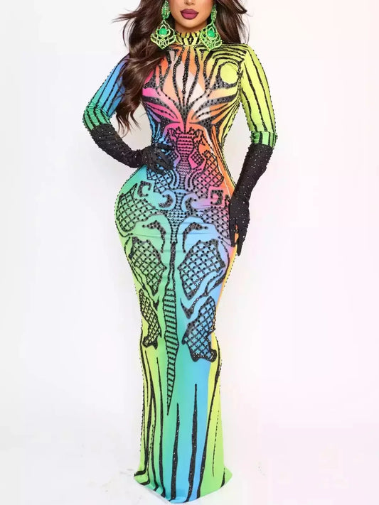 Rainbow Tribal Print Studded Stretch Maxi Dress - Dresses