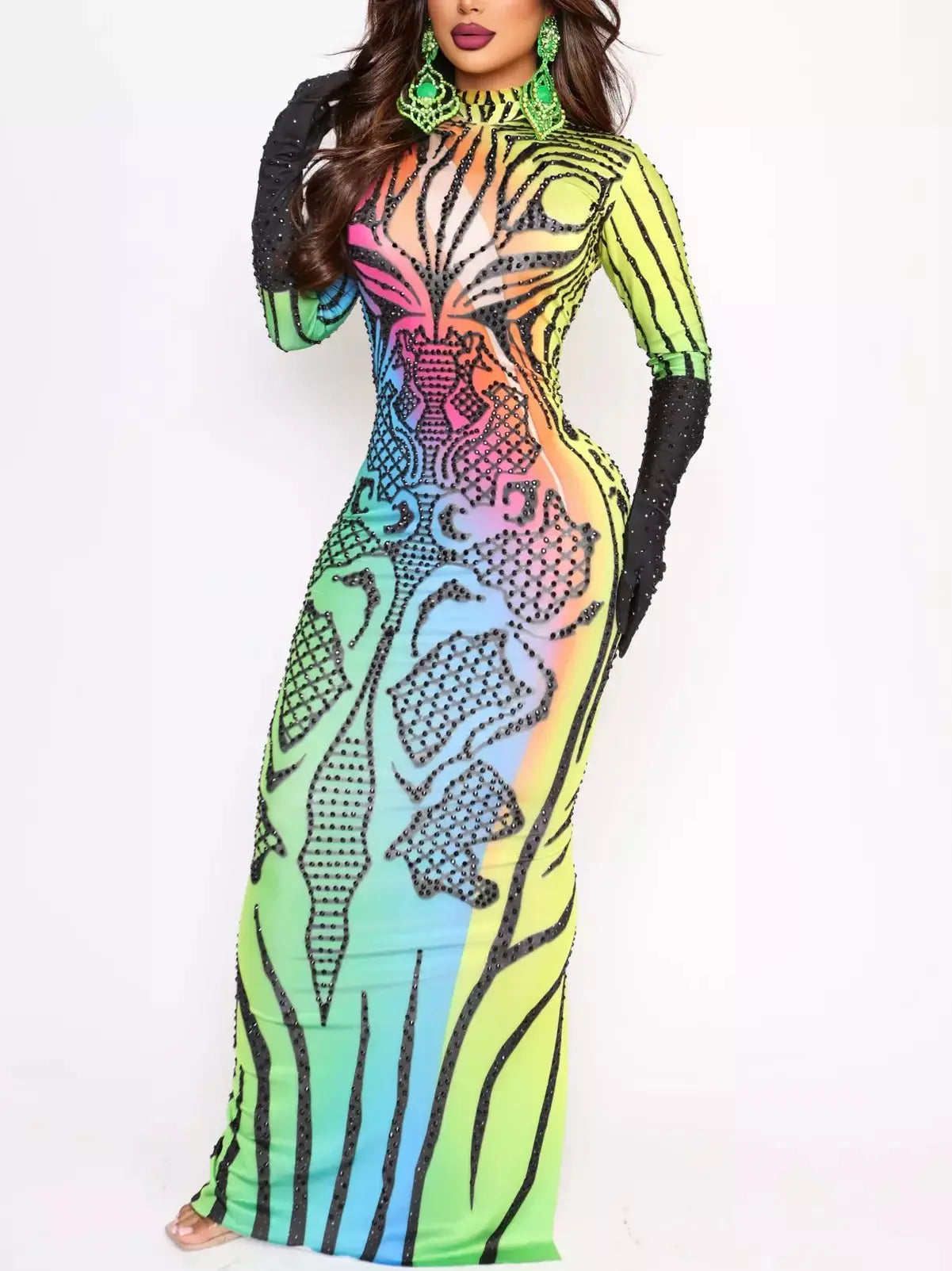 Rainbow Tribal Print Studded Stretch Maxi Dress - Dresses