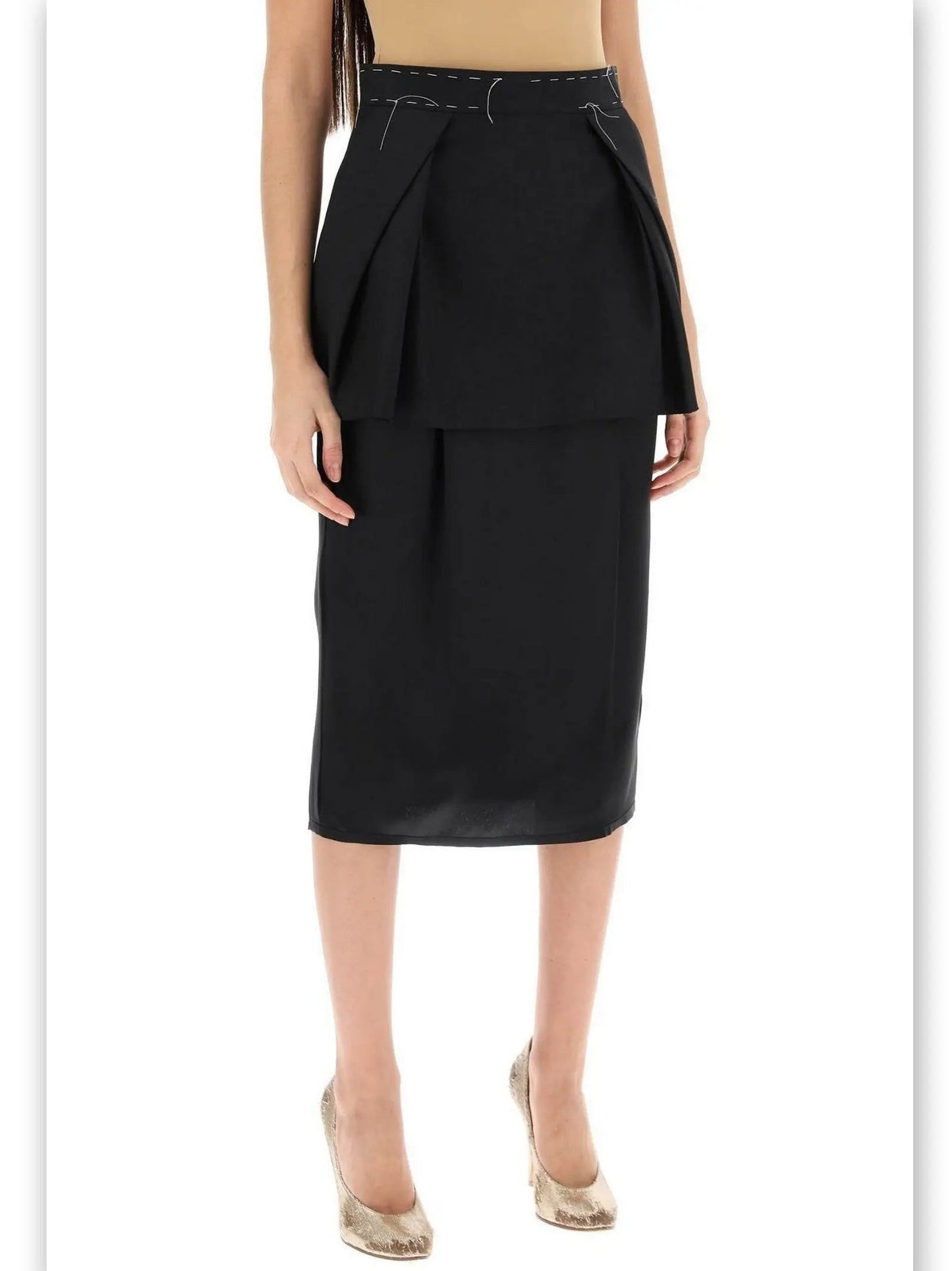 Raw-Cut Stitch Peplum Midi Skirt - Skirts