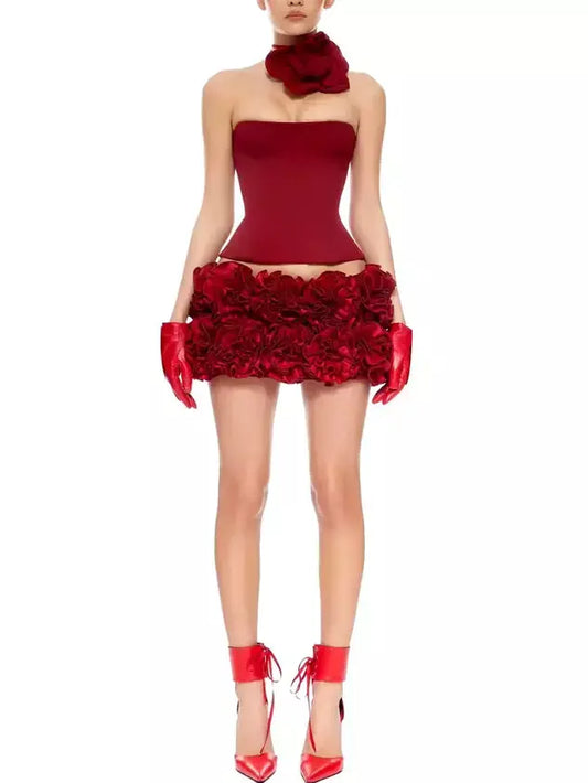 Red Corset Lace-Up Top and Floral Applique Skirt Set - Suits & Sets