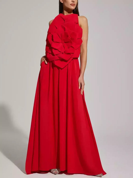 Red Floral Applique Sleeveless Gown - Dresses