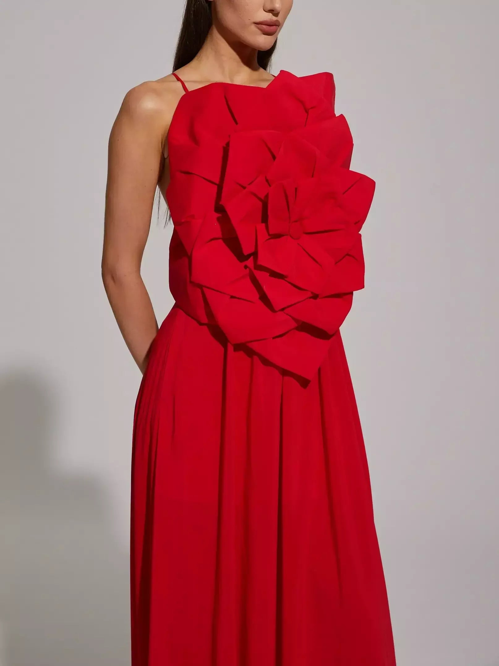 Red Floral Applique Sleeveless Gown - Dresses