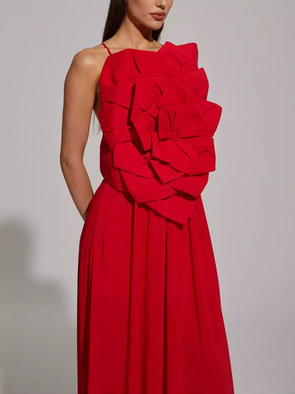 Red Floral Applique Sleeveless Gown - Dresses