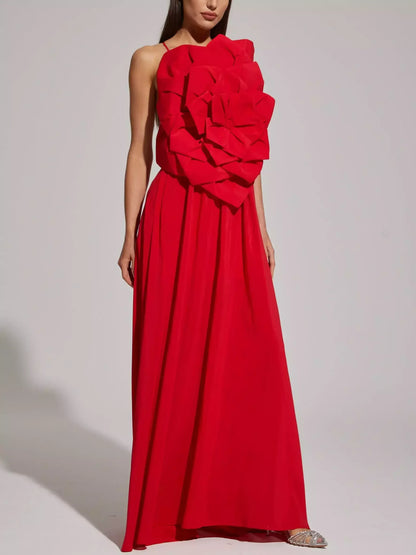 Red Floral Applique Sleeveless Gown - Dresses
