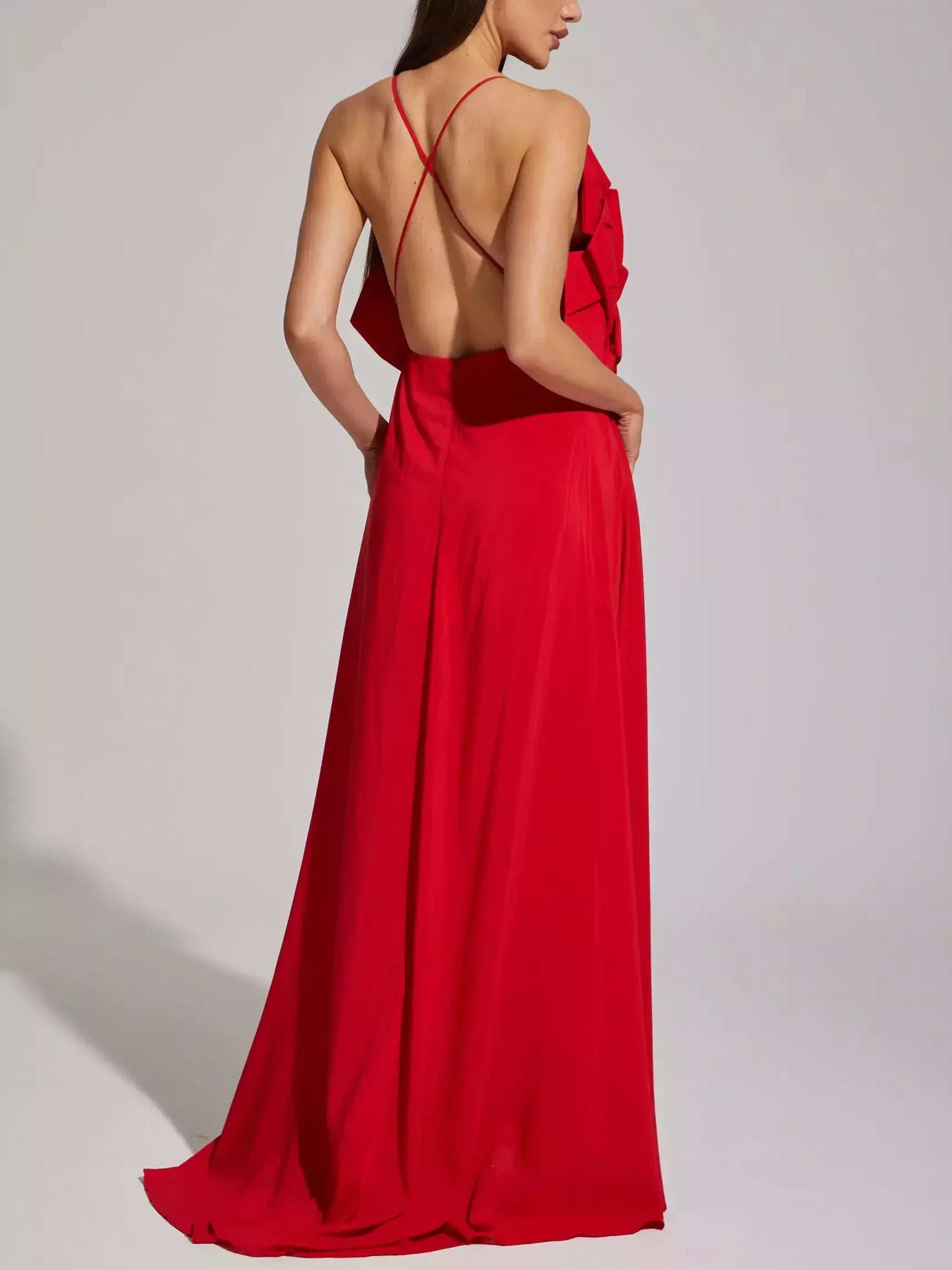 Red Floral Applique Sleeveless Gown - Dresses