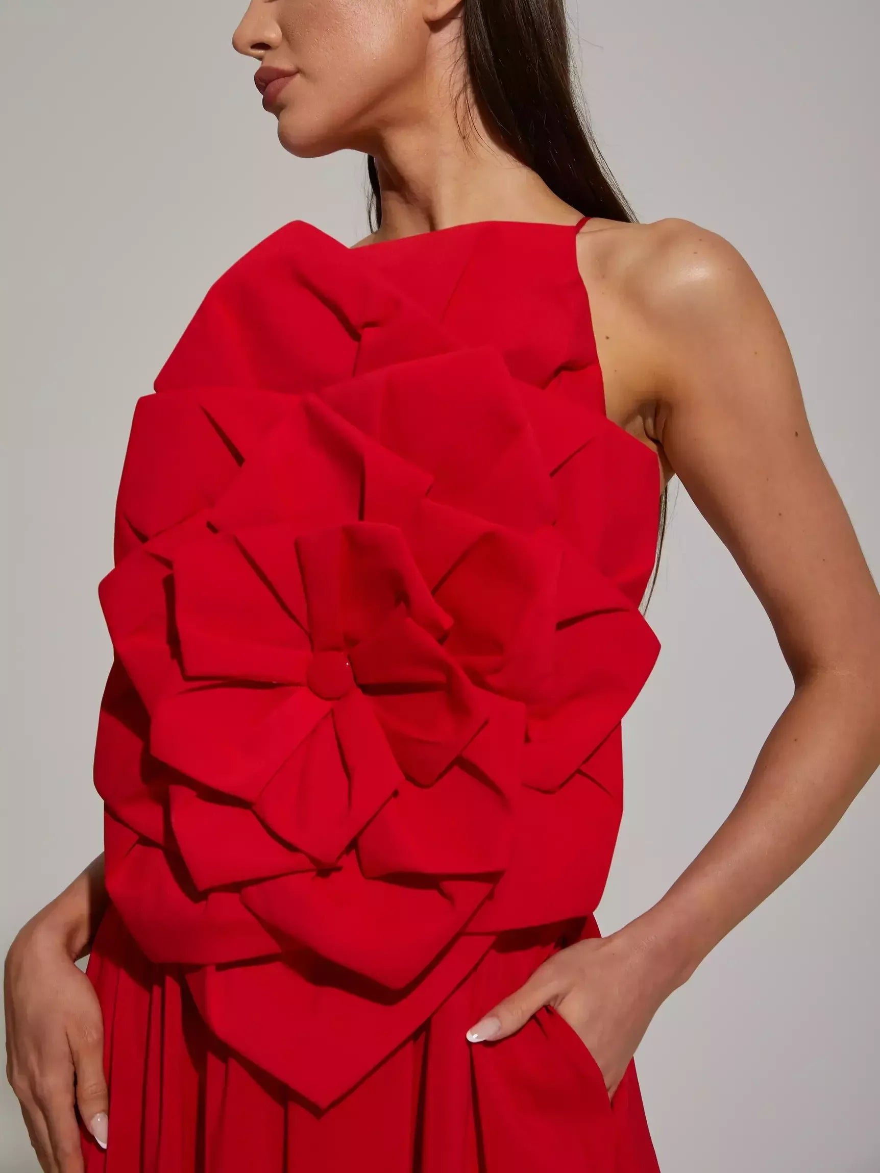 Red Floral Applique Sleeveless Gown - Dresses