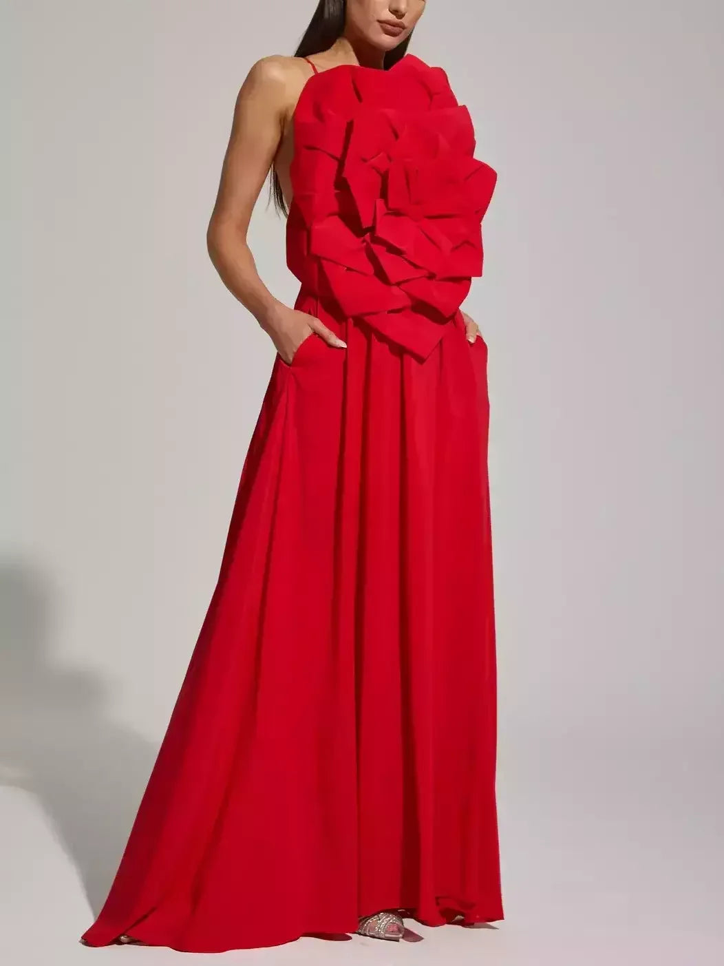 Red Floral Applique Sleeveless Gown - Dresses