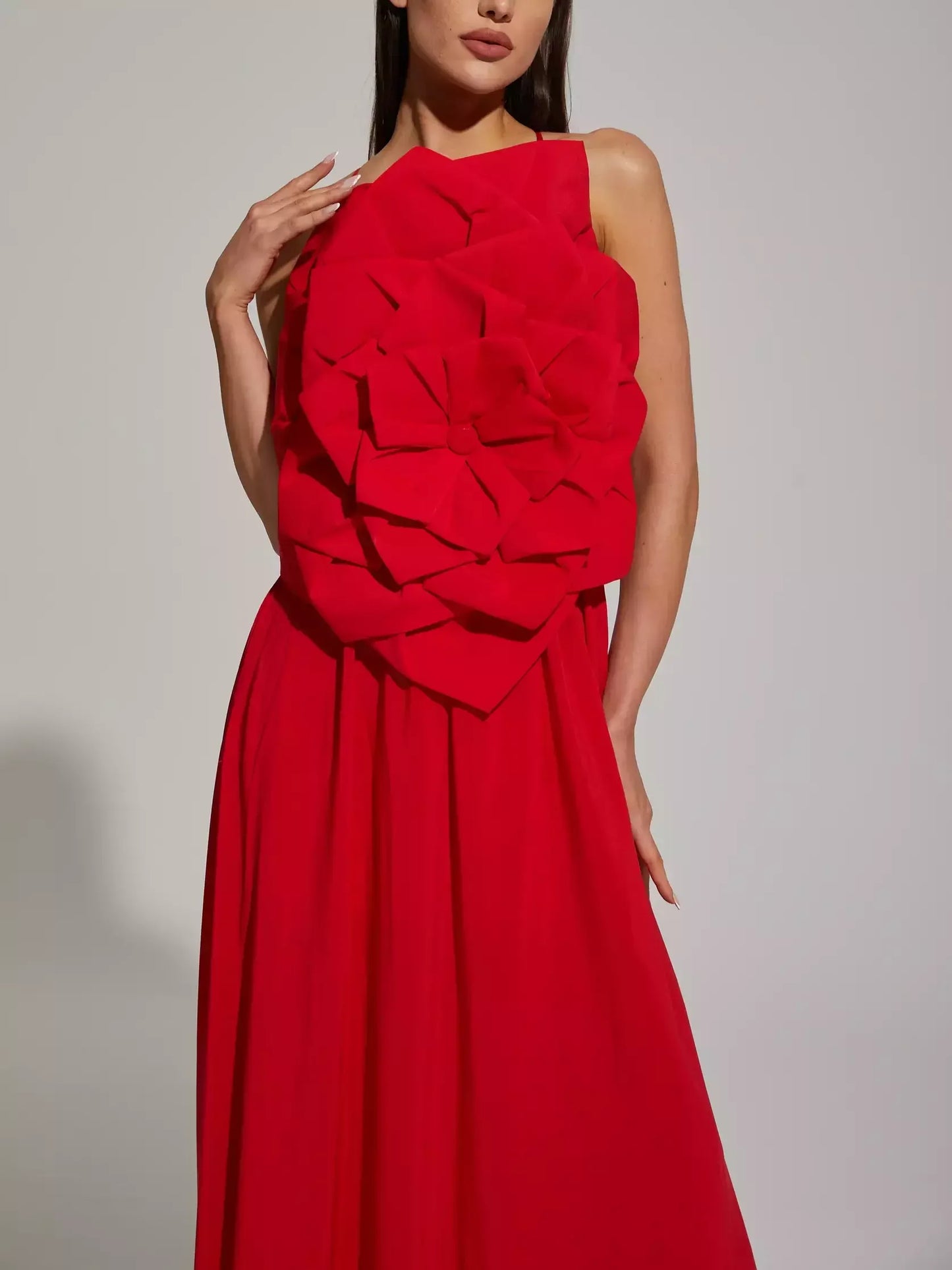 Red Floral Applique Sleeveless Gown - Dresses