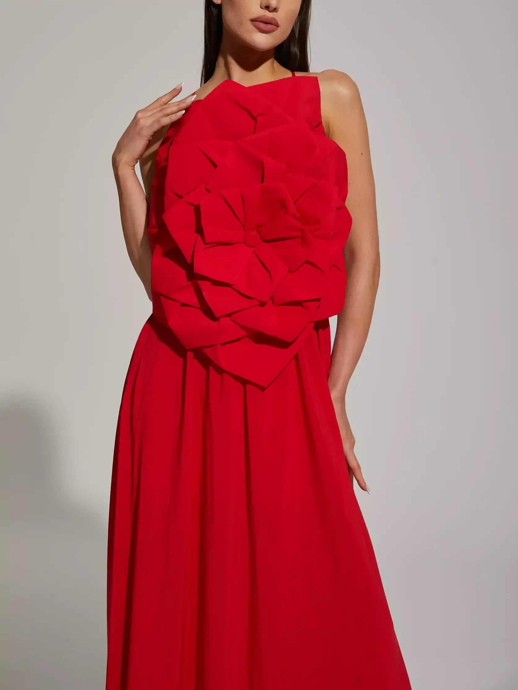 Red Floral Applique Sleeveless Gown - Dresses
