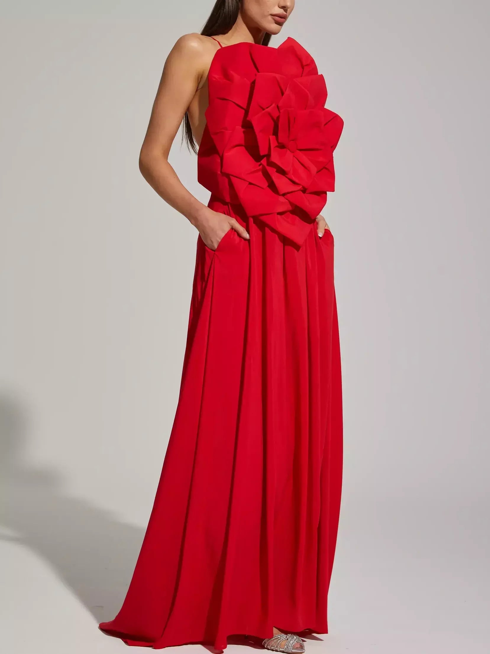Red Floral Applique Sleeveless Gown - Dresses