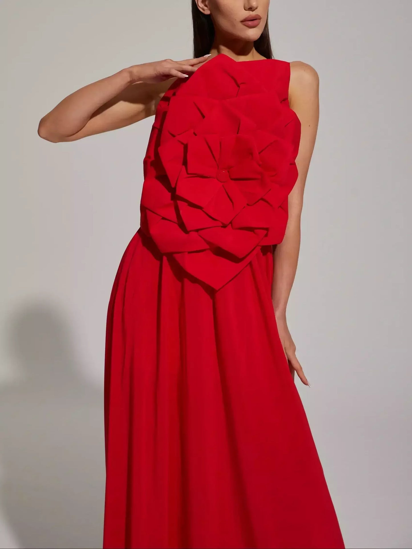 Red Floral Applique Sleeveless Gown - Dresses