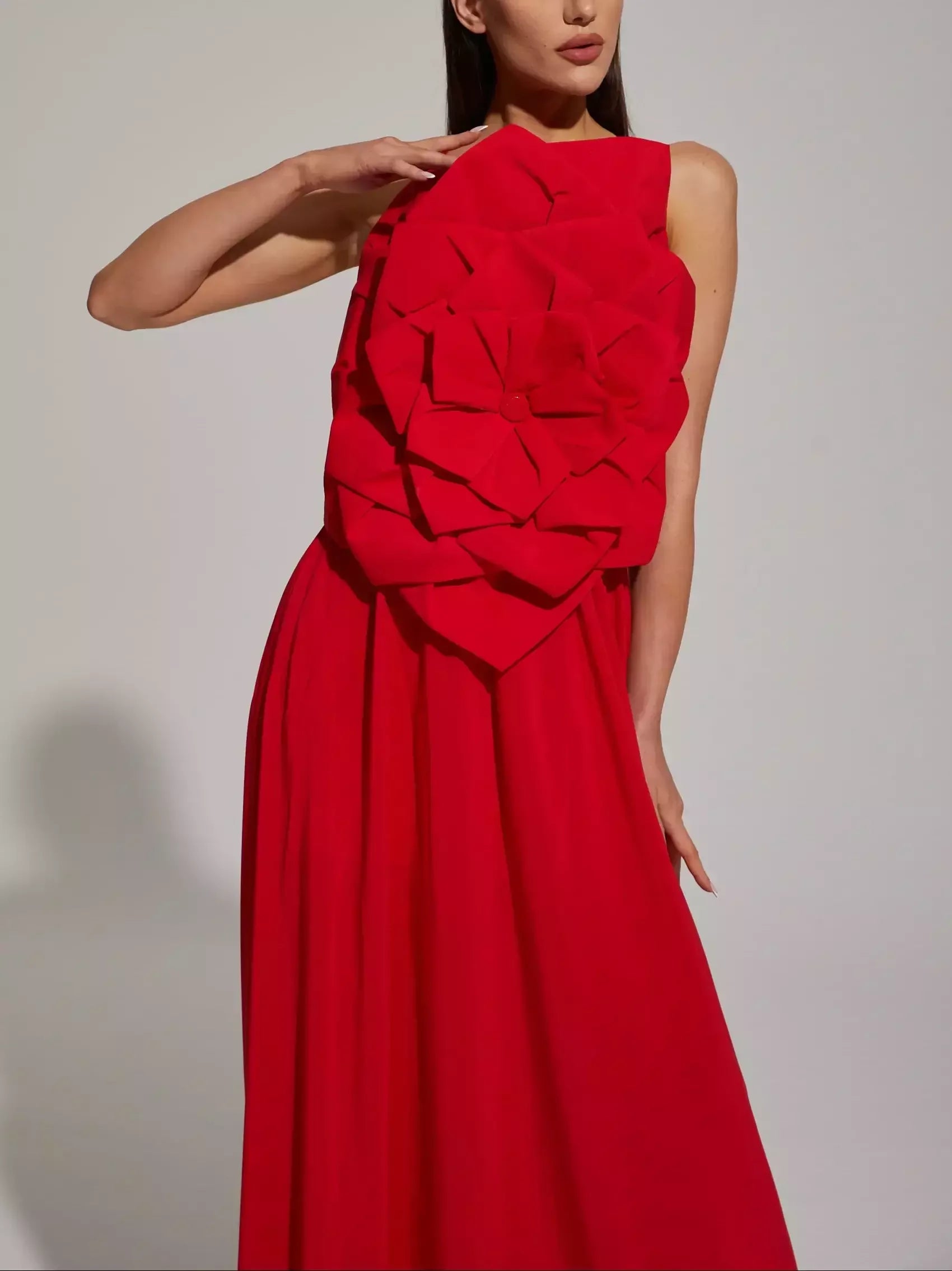 Red Floral Applique Sleeveless Gown - Dresses