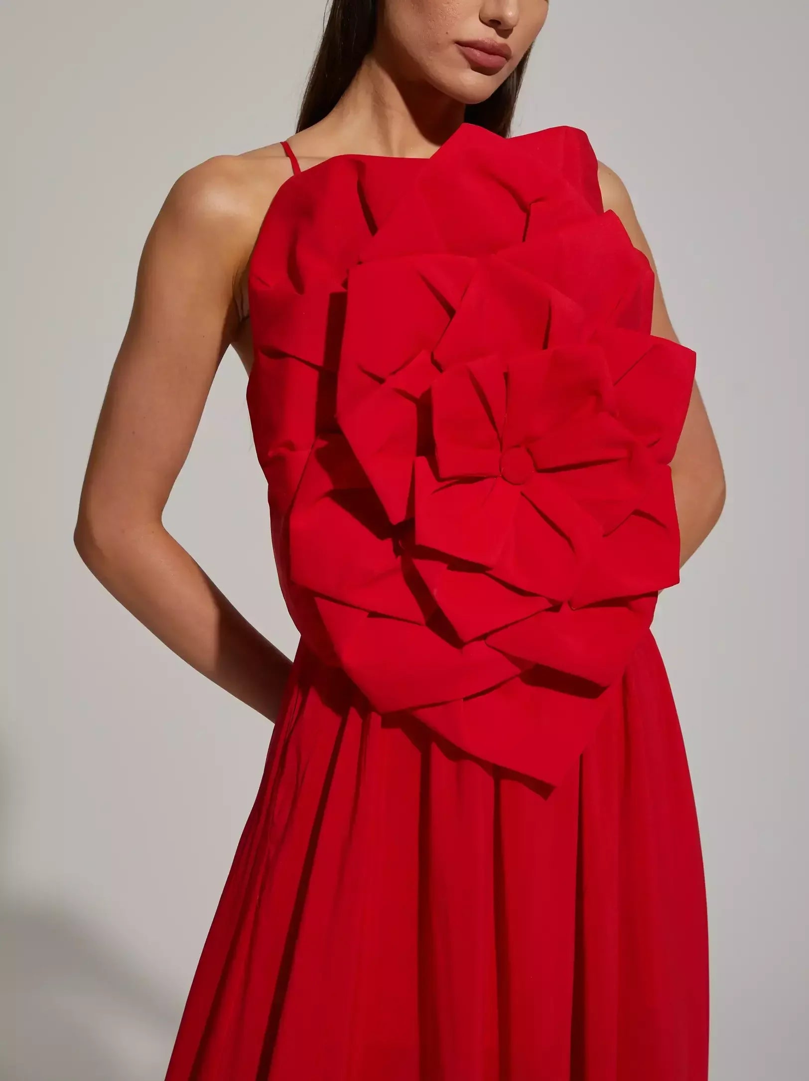 Red Floral Applique Sleeveless Gown - Dresses