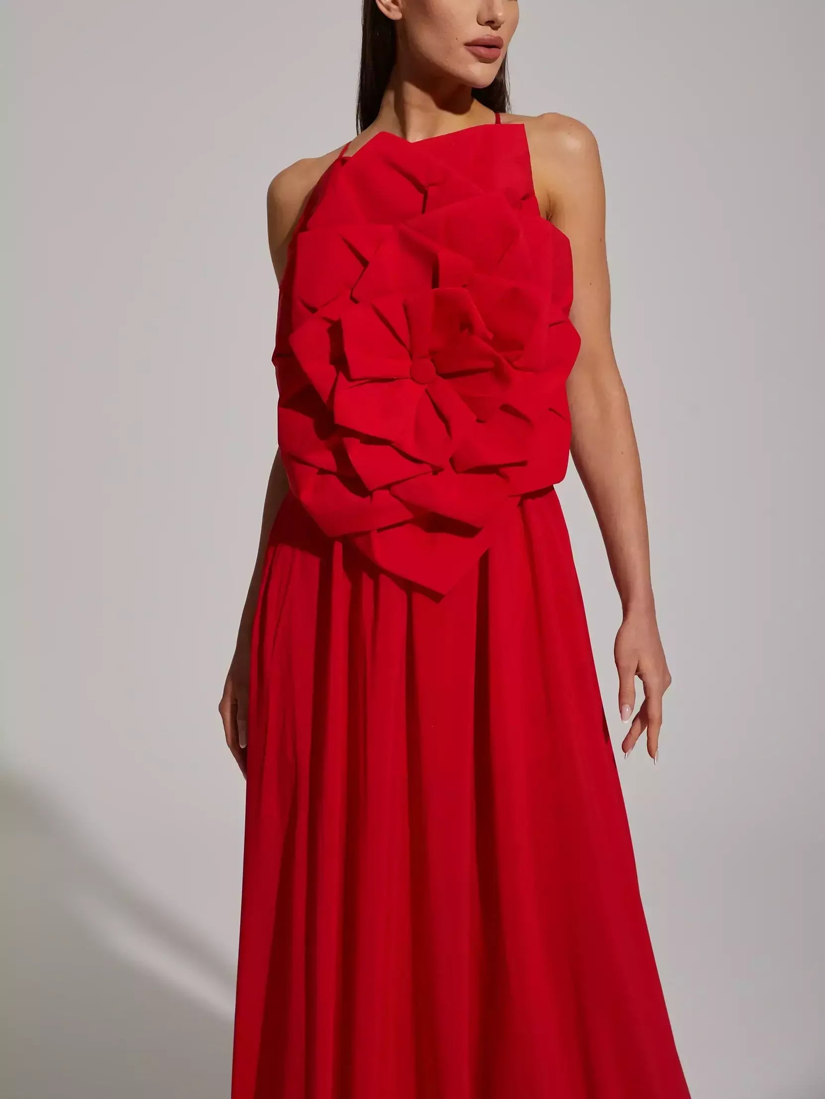 Red Floral Applique Sleeveless Gown - Dresses
