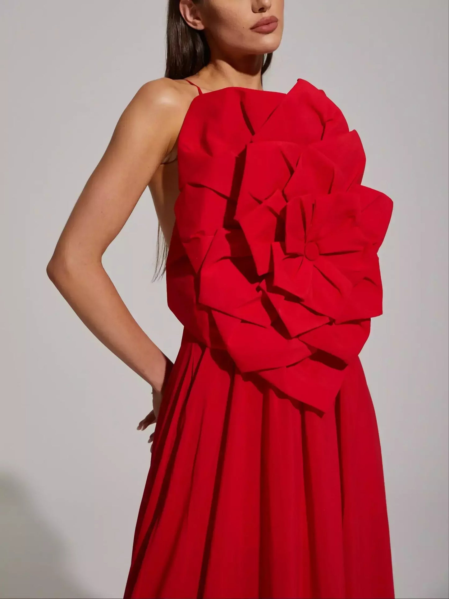 Red Floral Applique Sleeveless Gown - Dresses