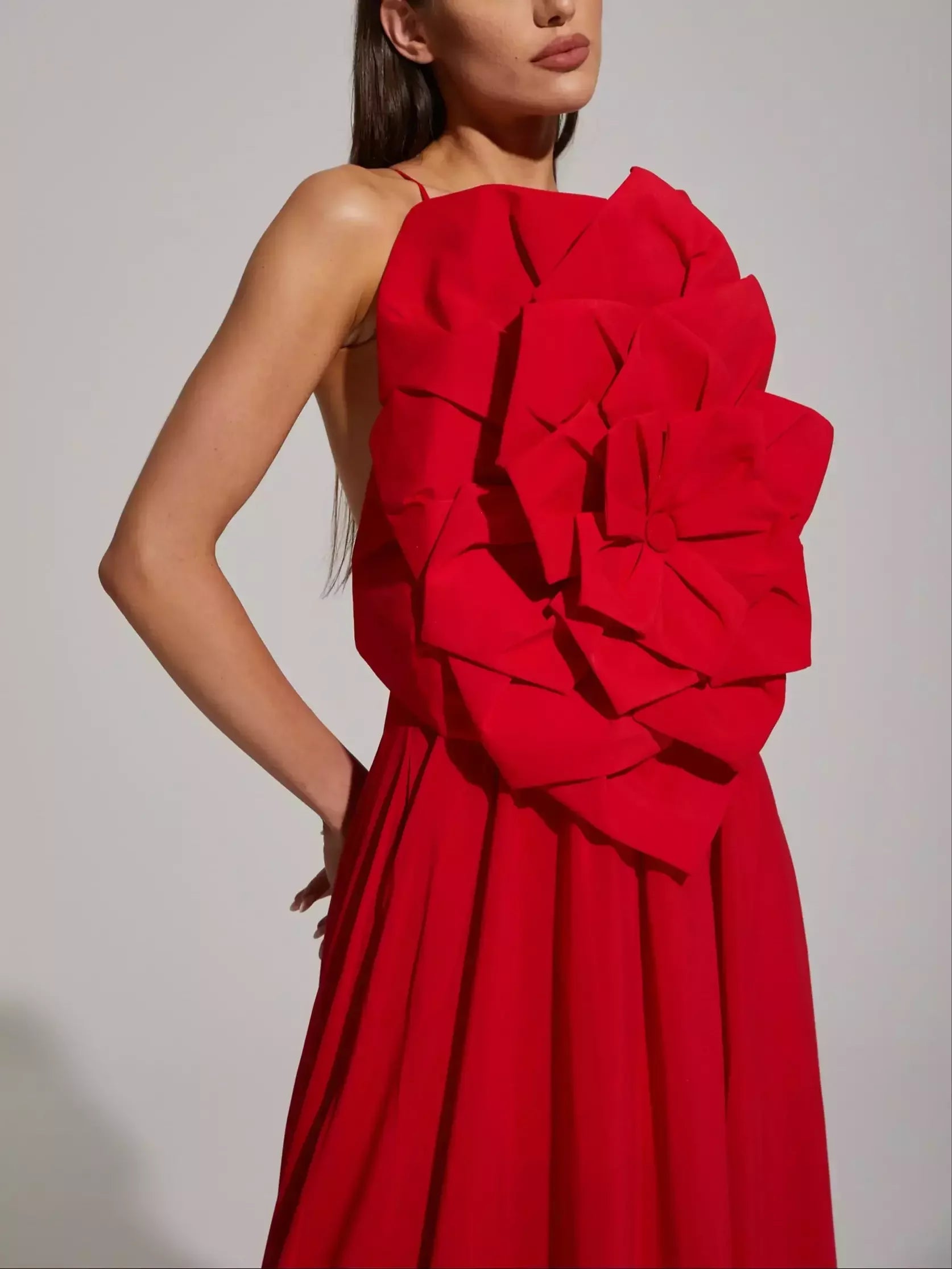 Red Floral Applique Sleeveless Gown - Dresses