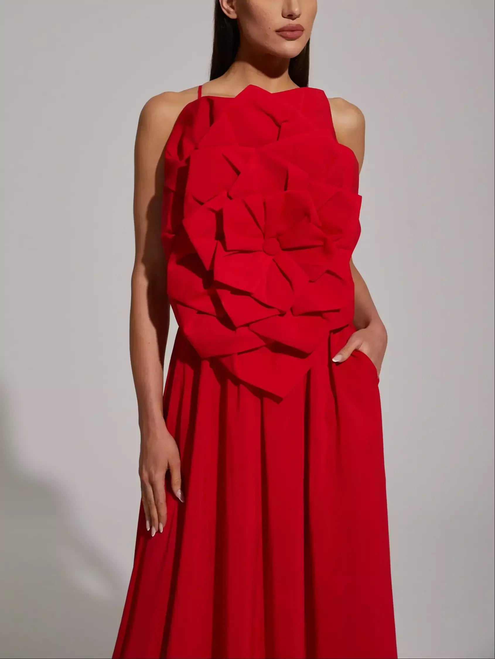 Red Floral Applique Sleeveless Gown - Dresses