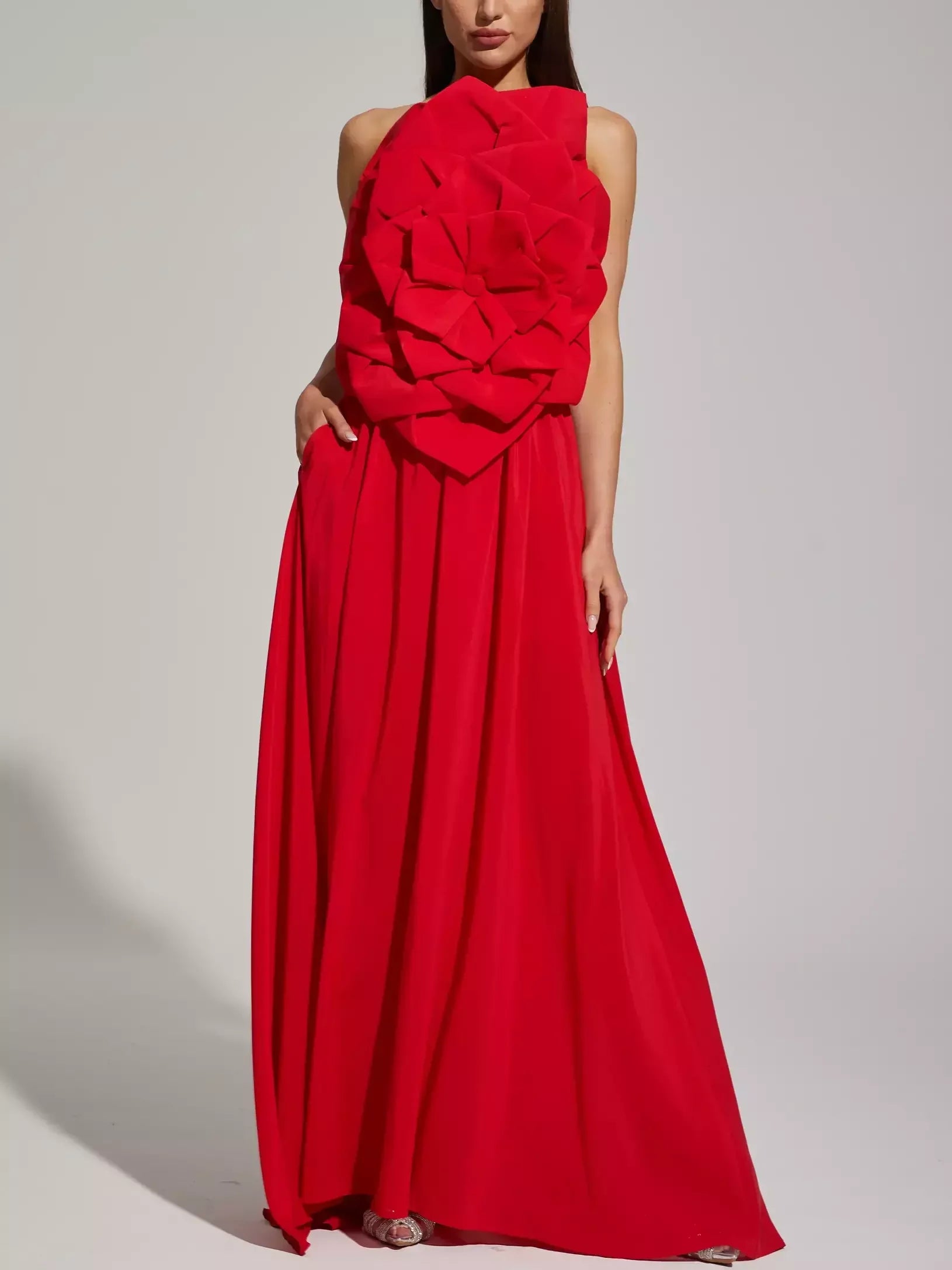Red Floral Applique Sleeveless Gown - Dresses