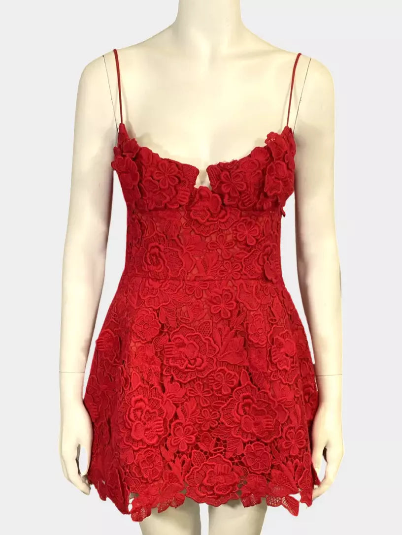 Red Floral Macrame Mini Dress - Dresses